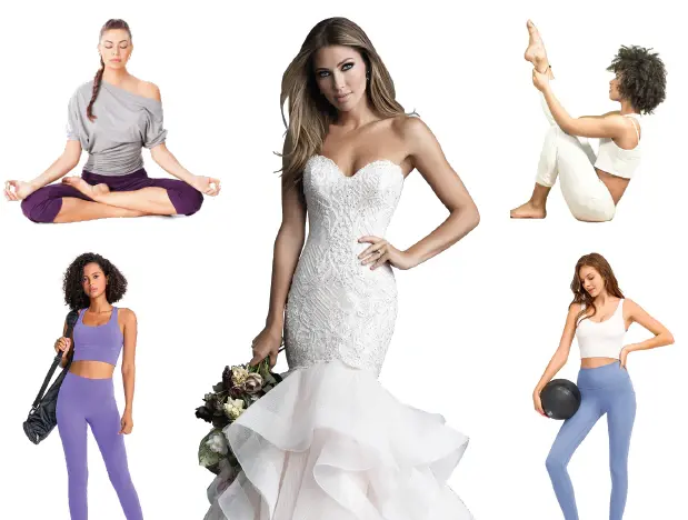 A bride in a full tulle gown surrounded by women stretching, practising yoga and working out