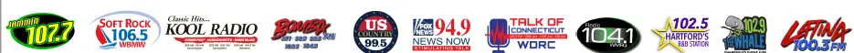 Station logos: Jammin 107.7, Soft Rock 106.5 WBMW, Classic Hits Kool Radio, Bomba FM, US Country 99.5, 94.9 News Now, Talk of Connecticut WDRC, Radio 104.1 WMRQ, 102.5 Hartford's R&B Station, 102.9 The Whale and Latina 100.3 FM